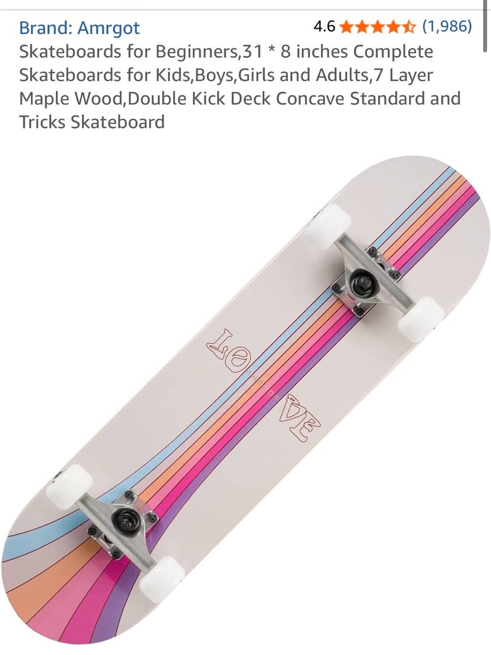 Kids Skateboard in Pastel Pink with Rainbow Stripes